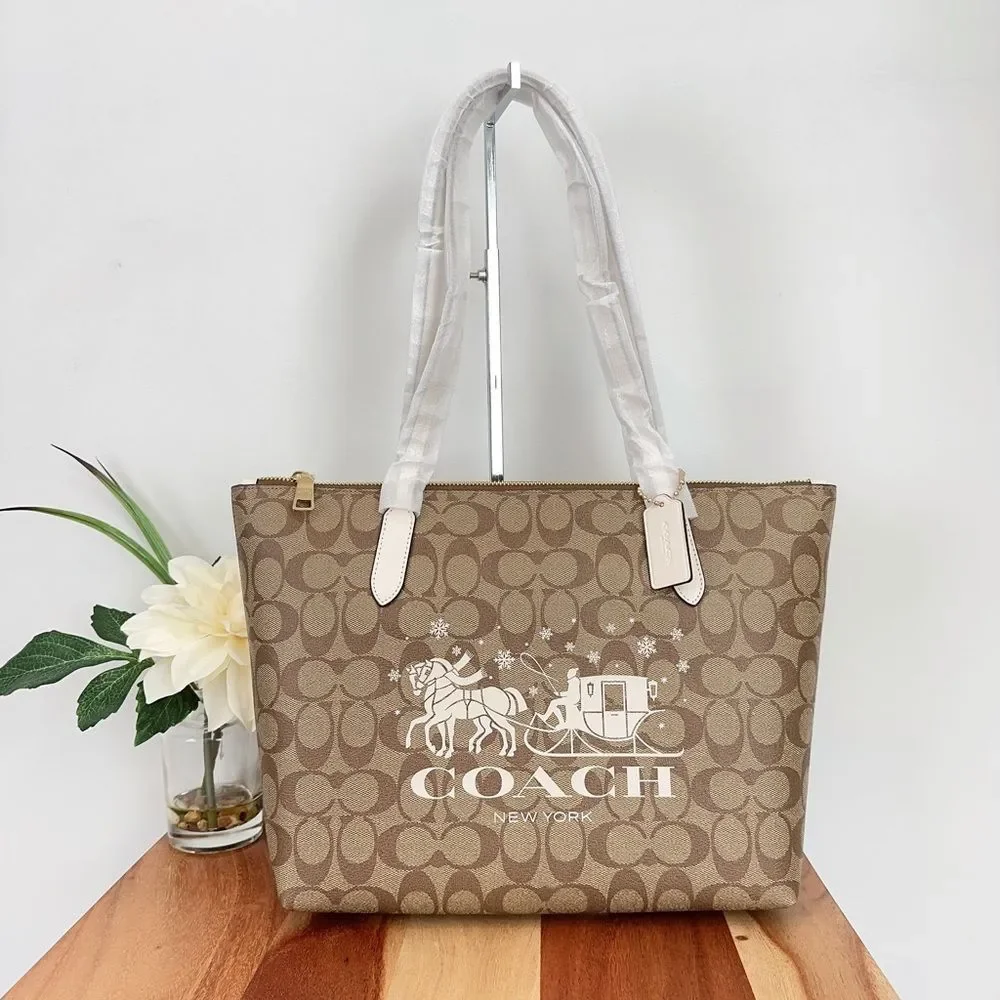 NWT Coach Zip Top Tote In Signature Canvas With Horse And Sleigh